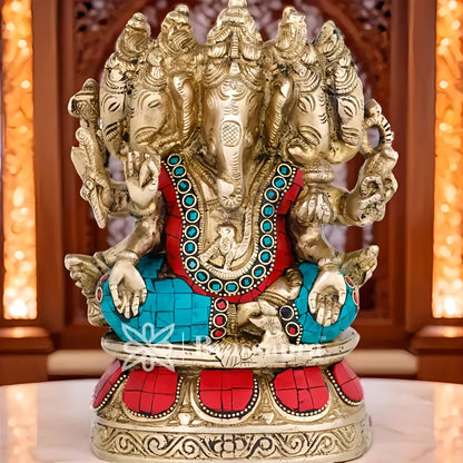 Brassaura™ Brass Gem Stone Work Panchmukhi Ganesha Statue for Home Décor & Gift | Weight 3.3 Kgs | Height 7 Inches