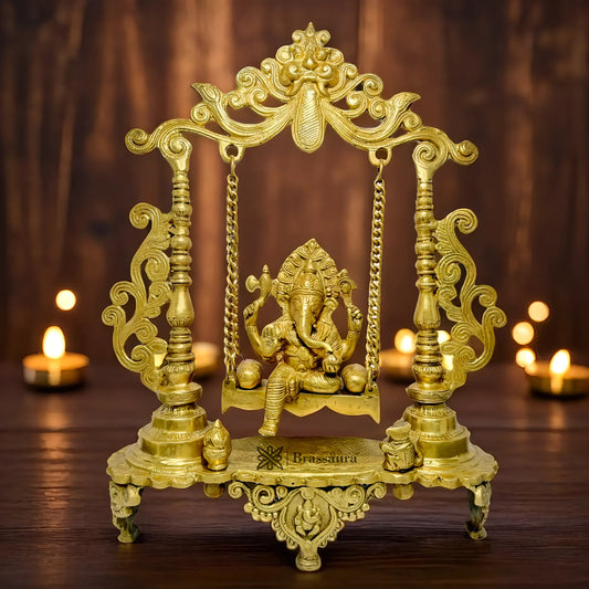 Brassaura™ Brass Ganesha Jhula Statue – Height 21.65 inches & Weight 7.8 kgs | Traditional Ganpati Murti for Home & Pooja Room