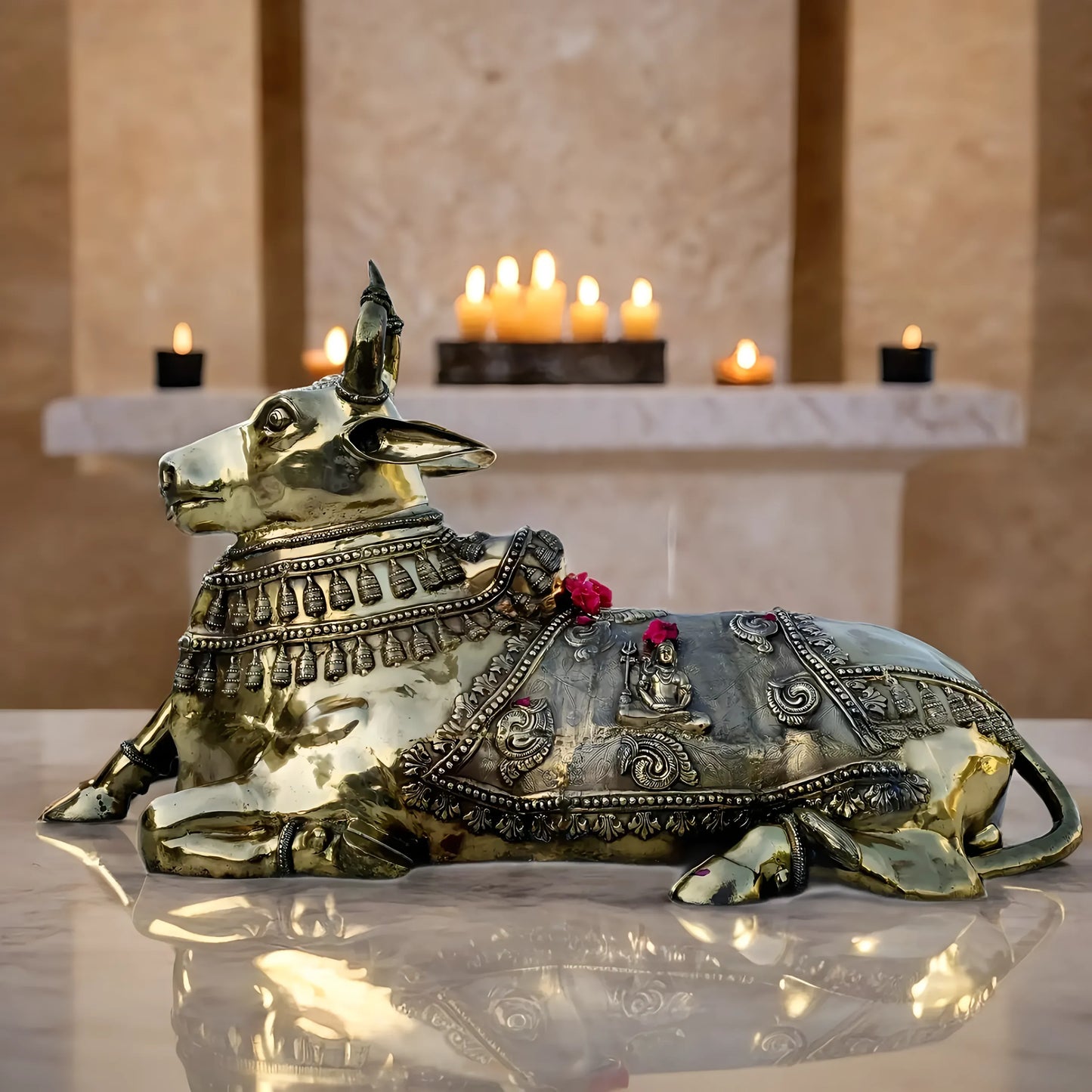 Brassaura™ Grand Brass Nandi Statue with Intricate Shiva Carvings – Height 44" & Weight 145 Kgs | Temple & Spiritual Décor