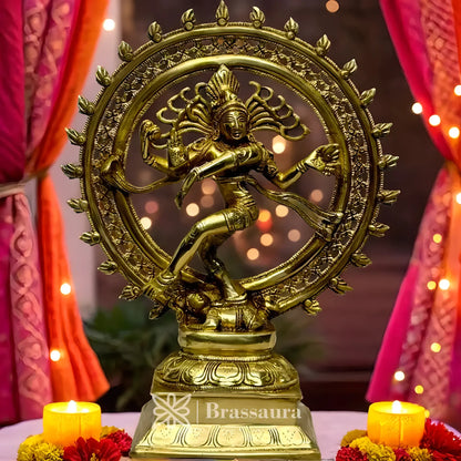 Brassaura® Golden Finish Dancing Nataraj Idol | Brass Craftsmanship | Height 13.5 Inches