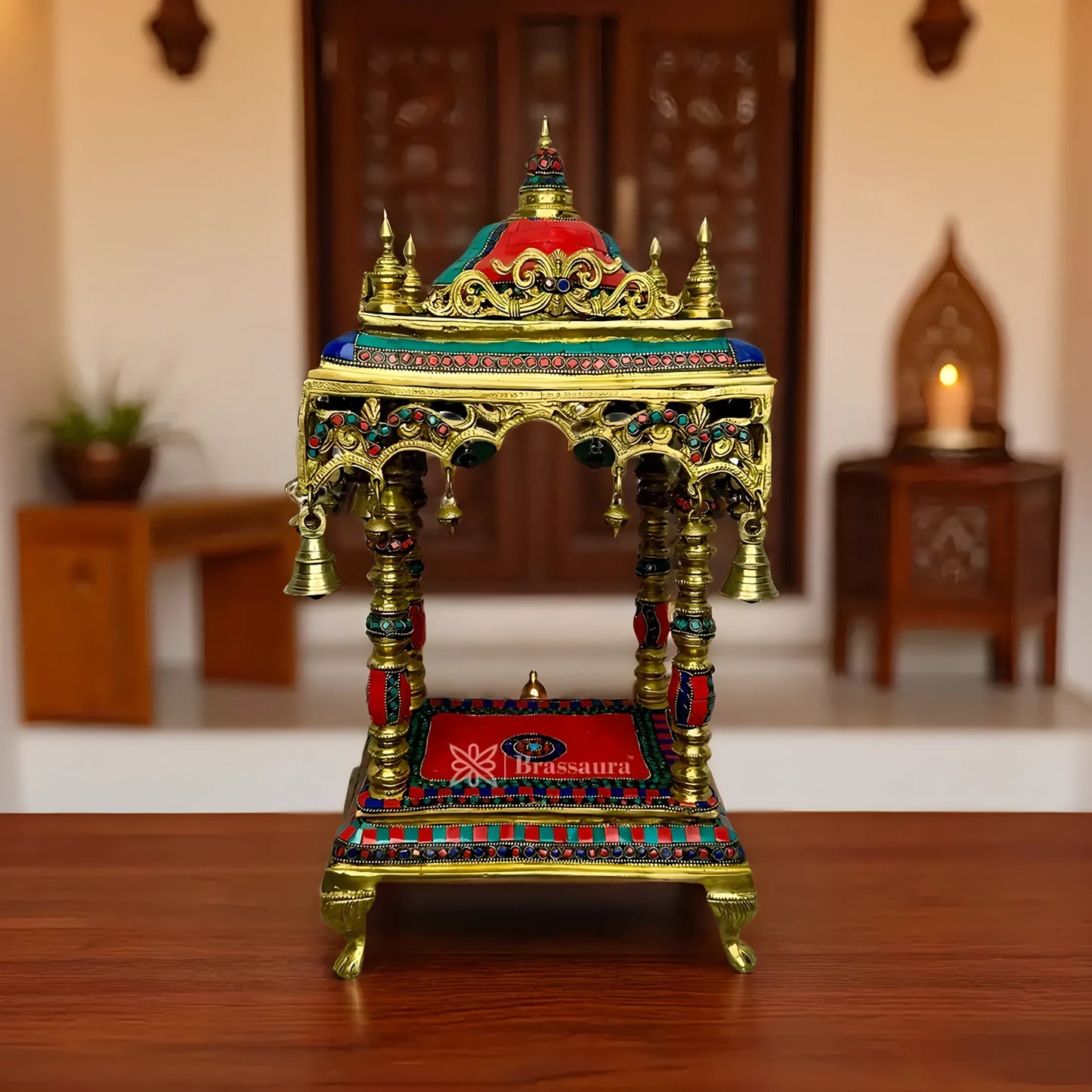 Brassaura™ Brass Gem Stone Work Temple Statue – Height 21 Inches & Weight 14.8 Kgs | Temple & Pooja Décor