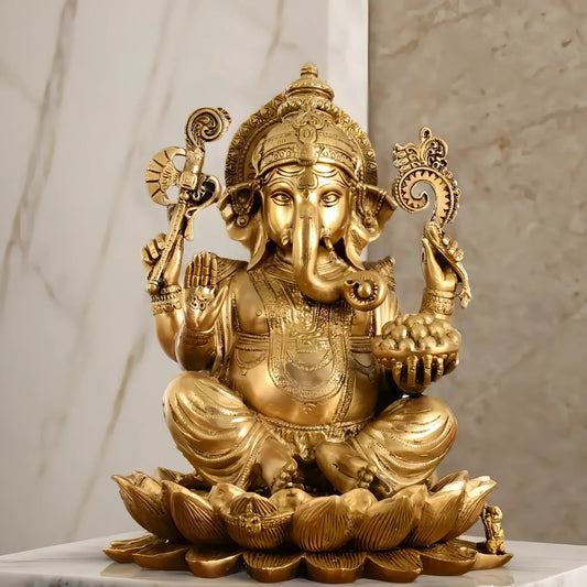 Brassaura™ Brass Handcrafted Ganapati Statue | Seated on Lotus | Height 12 Inches & Weight 9 Kgs
