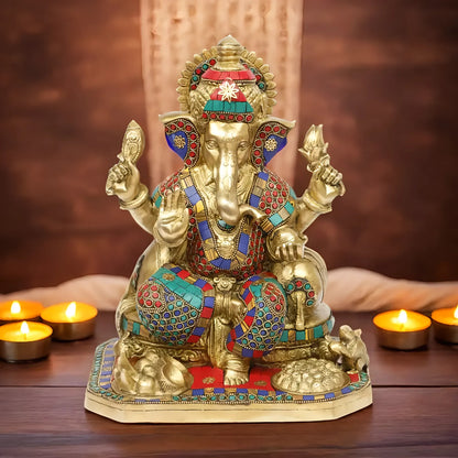 Brassaura™ Brass Gem Stone Work Ganesha Statue | Height 13.7 Inches & Weight 9 Kgs