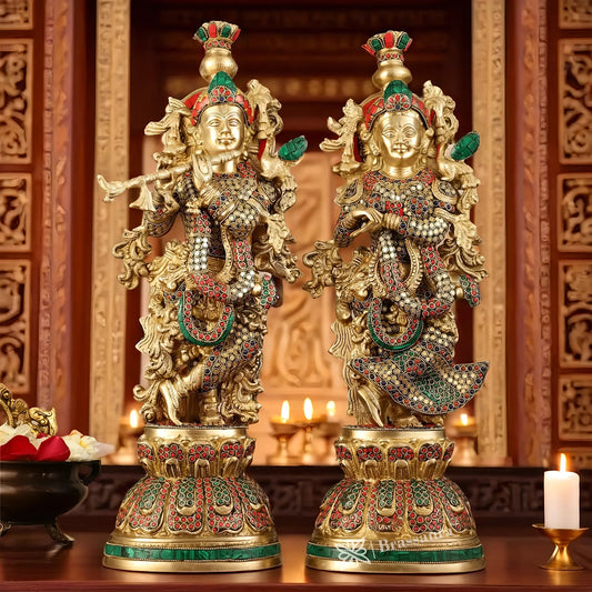 Brassaura™ Pure Brass Radha Krishna Statue with Brass Rings & Natural Stones – Height 21 Inches & Weight 18 Kgs | Elegant Devotional Idol