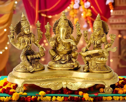 Brassaura™ Artistic Brass Laxmi Ganesha Saraswati Idol – Height 8 Inches & Weight 3.1 Kgs | Spiritual Home Décor