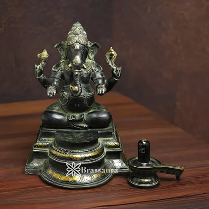 Brassaura™ Brass Ganesha Statue | Pure Brass with Antique Finish | Height 14.5 Inches & Weight 10.5 Kgs