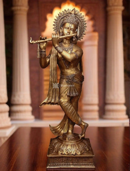 Brassaura™ Life-Size Lord Krishna Brass Statue – Height 79" | Weight 148 Kgs