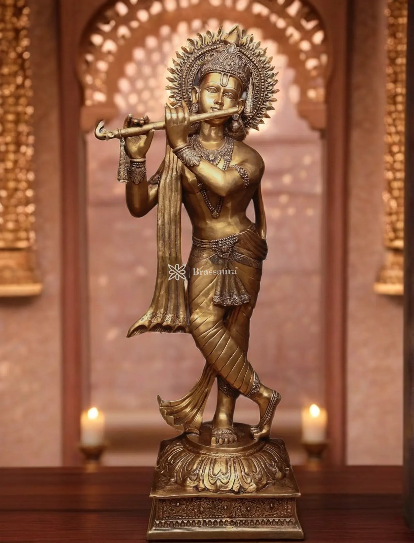 Brassaura™ Life-Size Lord Krishna Brass Statue – Height 79" | Weight 148 Kgs