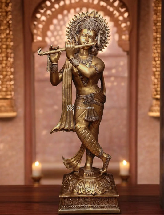 Brassaura™ Life-Size Lord Krishna Brass Statue – Height 79" | Weight 148 Kgs