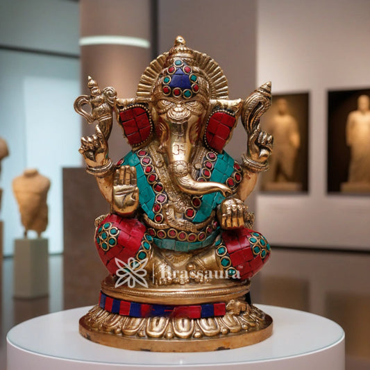 Brassaura™ Brass Gem Stone Work Ganesha Idol for Home and Decor | Weight 3.1 Kgs | Height 8.5 Inches
