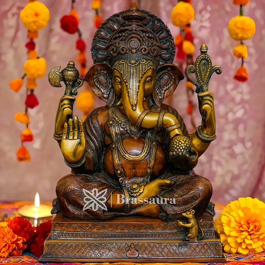 Brassaura™ Brass Ganesha Statue for Home and Decor | Weight 26.8 Kgs | Height 21 Inches