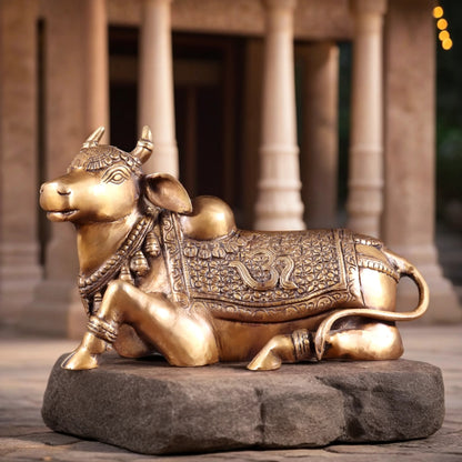Brassaura™ Handcrafted Brass Nandi Statue with Om & Swastik Symbols | Traditional Spiritual Décor | Weight 7 Kgs | Height 7.5 Inches