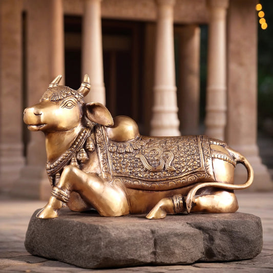 Brassaura™ Handcrafted Brass Nandi Statue with Om & Swastik Symbols | Traditional Spiritual Décor | Weight 7 Kgs | Height 7.5 Inches