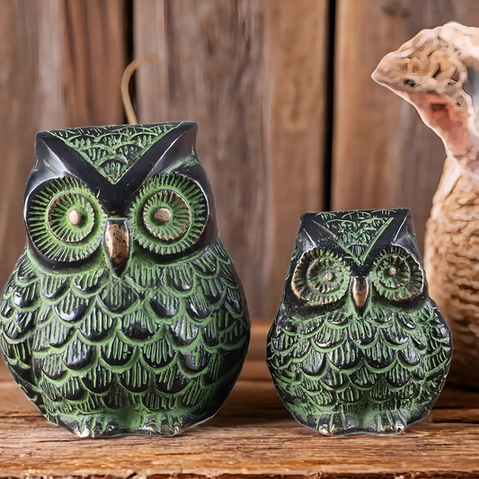 Brass Owl Showpieces (Pair) – Height 3.5 in & 2.5 in, Total Weight 900 g – Black & Green Tone