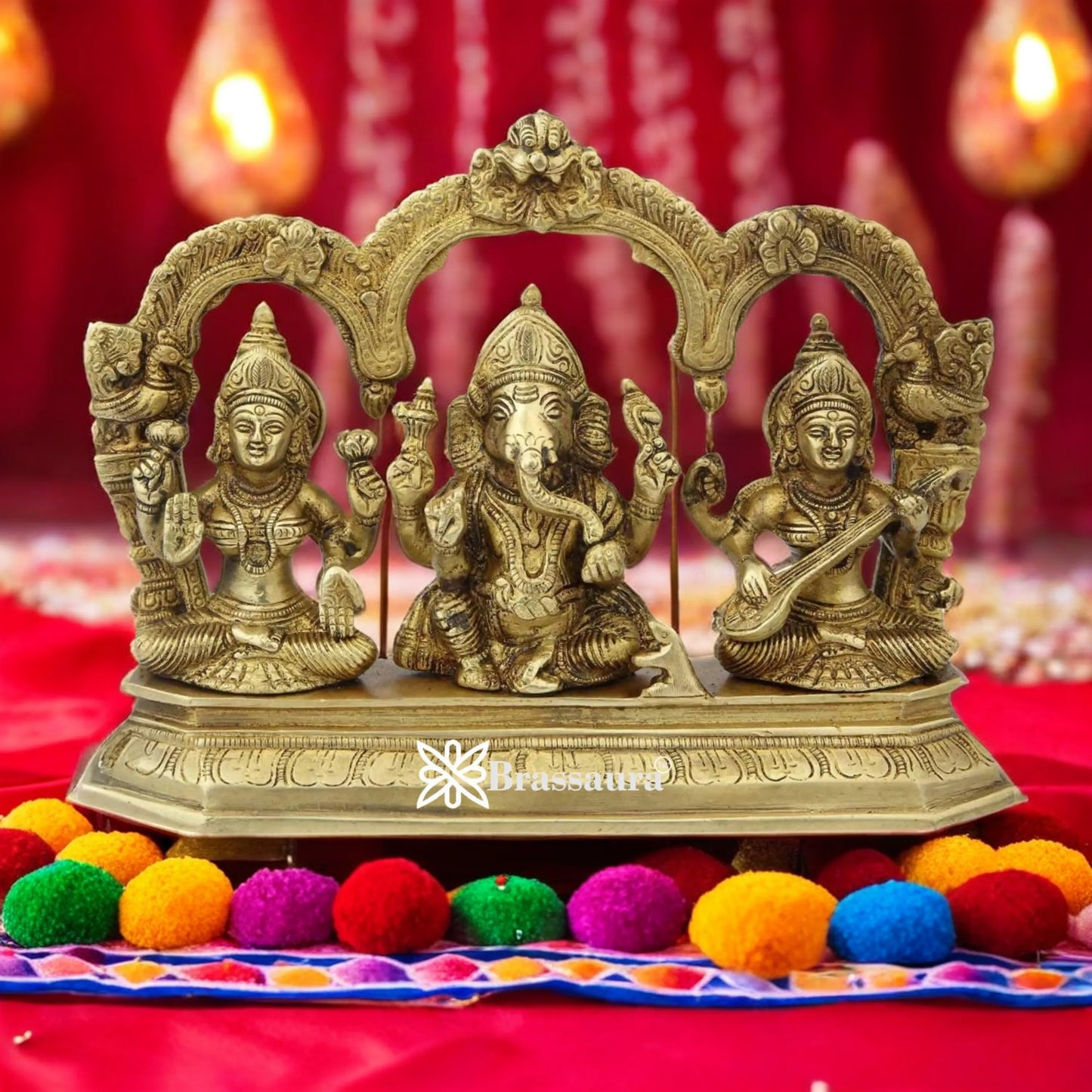 Brassaura™ Brass Antique Laxmi Ganesha Saraswati Murti – Height 7 Inches & Weight 2.9 Kgs | Home & Temple Idol
