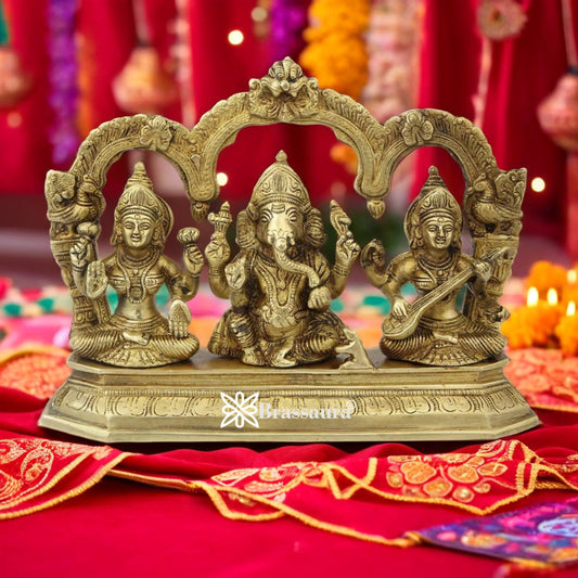 Brassaura™ Brass Antique Laxmi Ganesha Saraswati Murti – Height 7 Inches & Weight 2.9 Kgs | Home & Temple Idol
