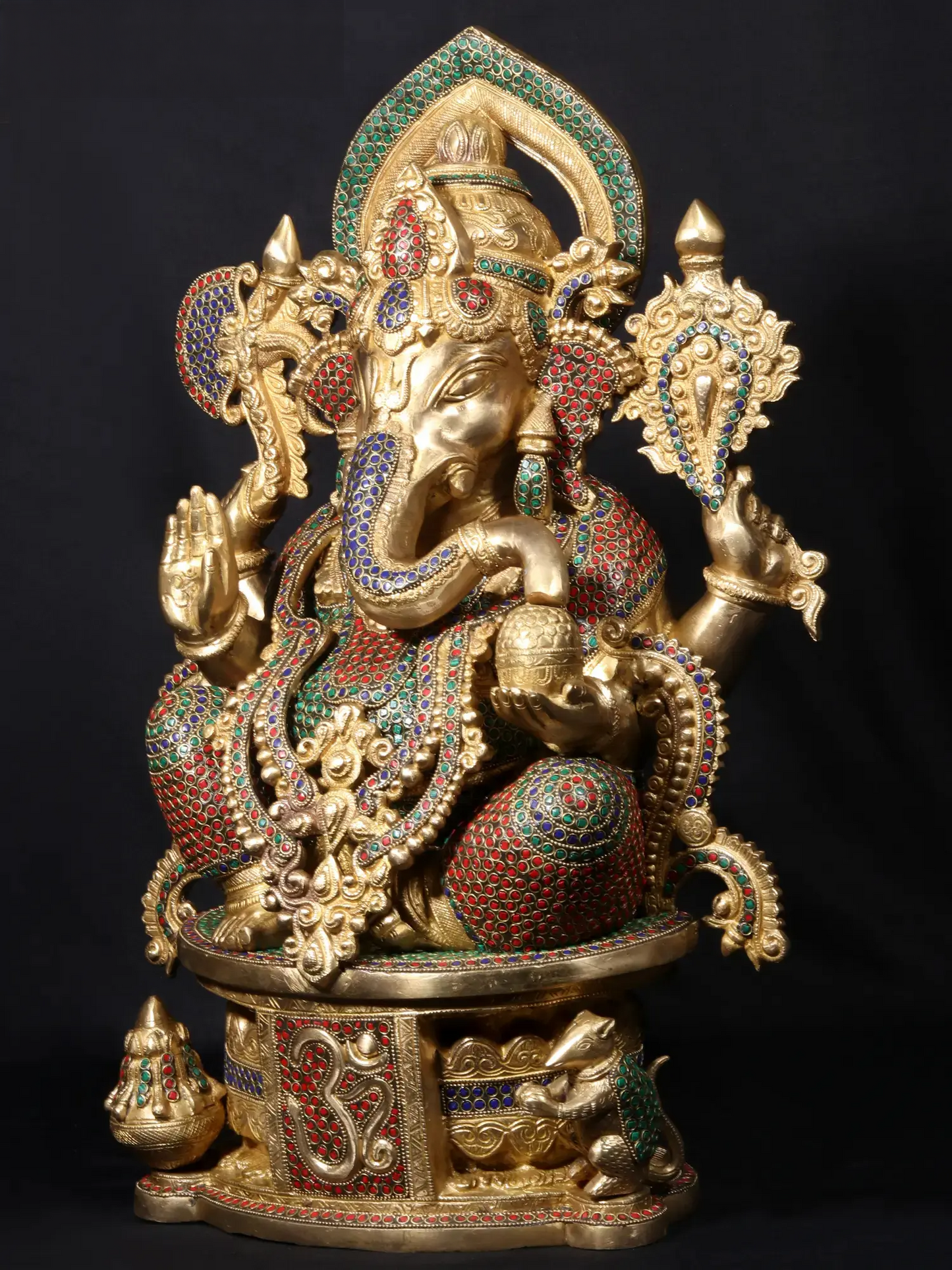 Brassaura™ Seated Lord Ganesha on Ornate Throne | Pure Brass with Meenakari Stonework | Height 24 Inches & Weight 33.38 Kgs