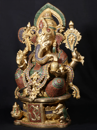 Brassaura™ Seated Lord Ganesha on Ornate Throne | Pure Brass with Meenakari Stonework | Height 24 Inches & Weight 33.38 Kgs