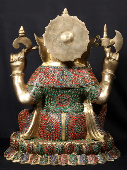Brassaura™ Seated Lord Ganesha on Ornate Throne | Pure Brass with Meenakari Stonework | Height 23 Inches & Weight 31.86 Kgs