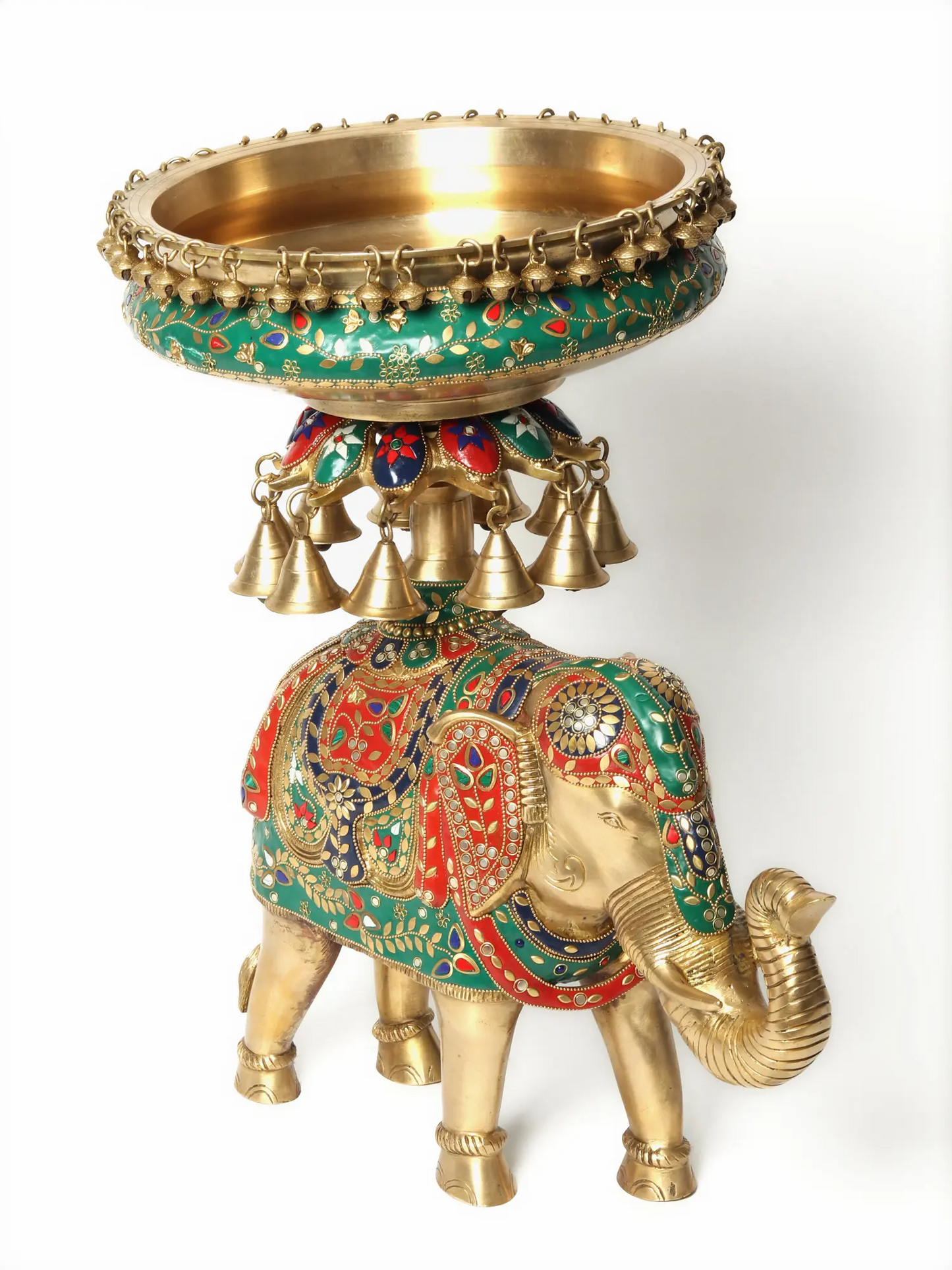 Brassaura® Royal Elephant Brass Urli with Inlay Work & Hanging Bells | Pure Brass | Height 20.7 Inches & Weight 18.35 kgs