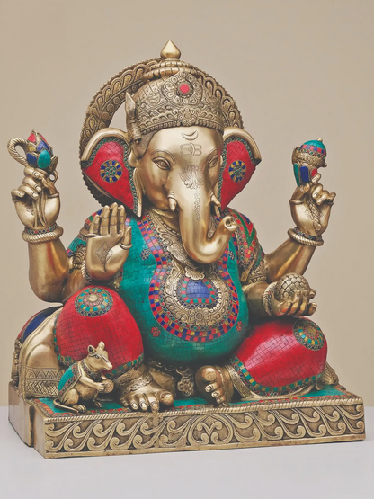Brassaura™ Large Lord Ganesha Idol | Pure Brass with Meenakari Inlay Work | Height 33 Inches & Weight 82.57 Kgs