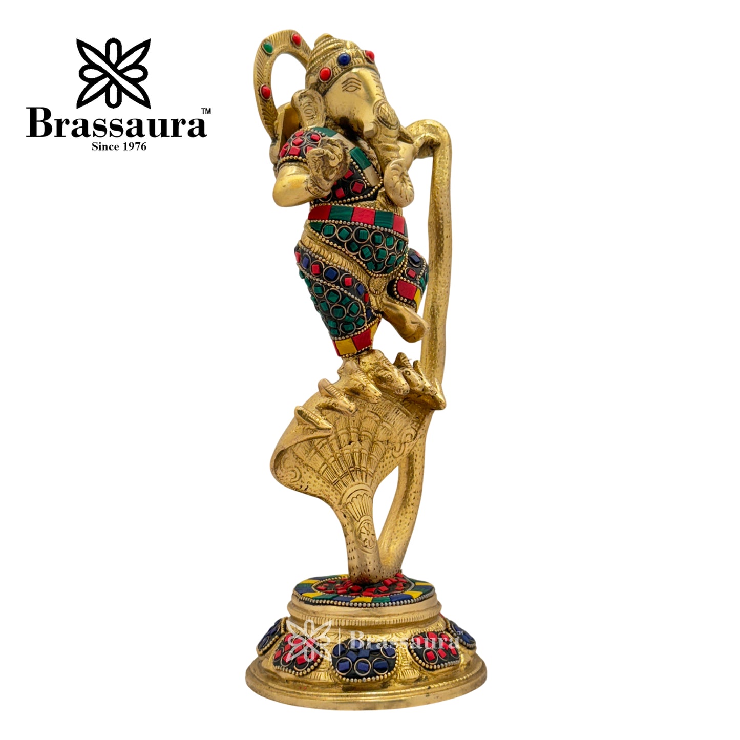 Brass Gem Stone Work Dancing Ganesha Idol for Home and Decor Weight 3 Kg Height 30 cm