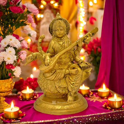 Brassaura™ Brass Saraswati Mata Murti – Height 9.2 Inches & Weight 2.15 Kgs | Puja & Worship Idol