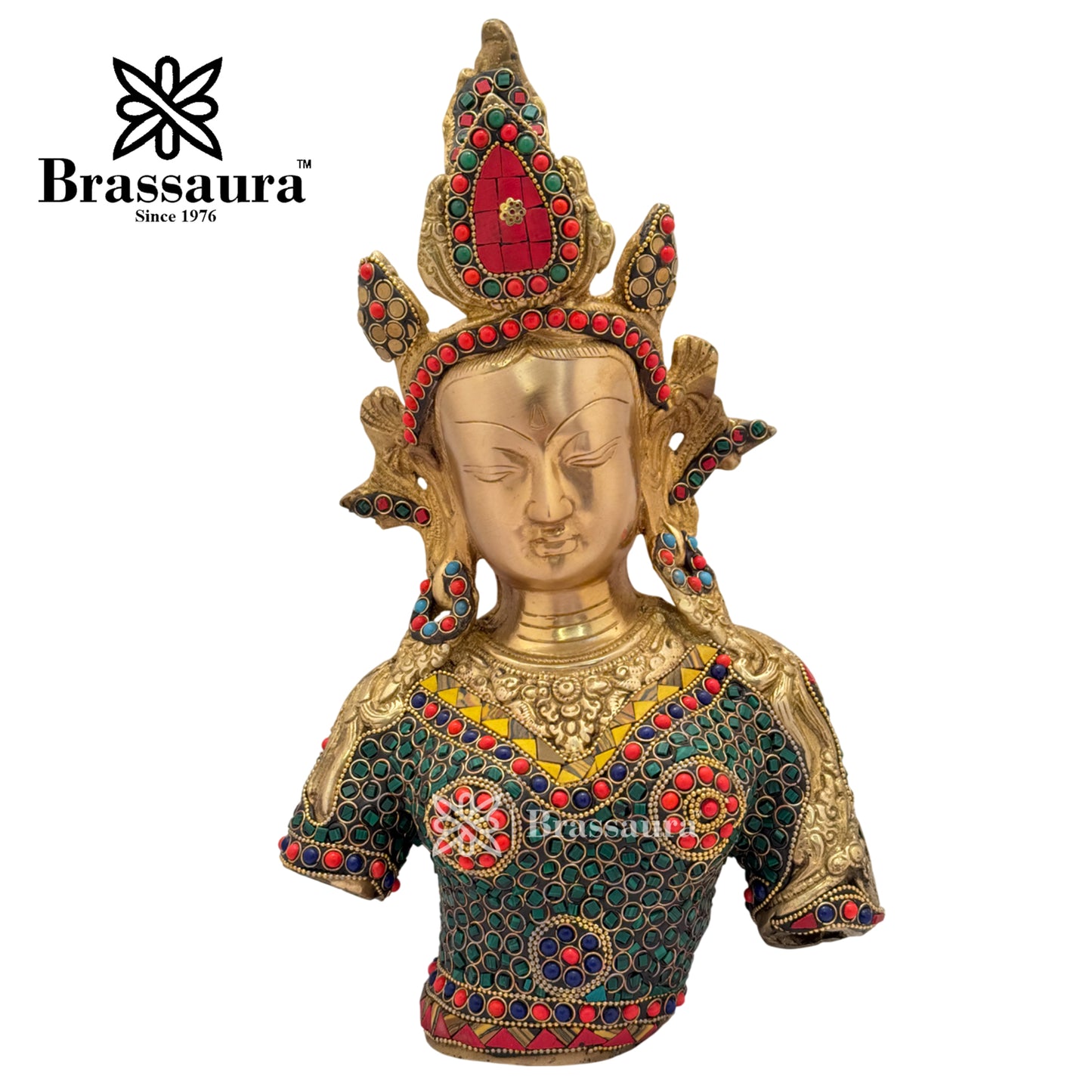 Brass Gem Stone Work Tara Head Idol for Home and Decor Weight 4.6 Kg Height 33 cm