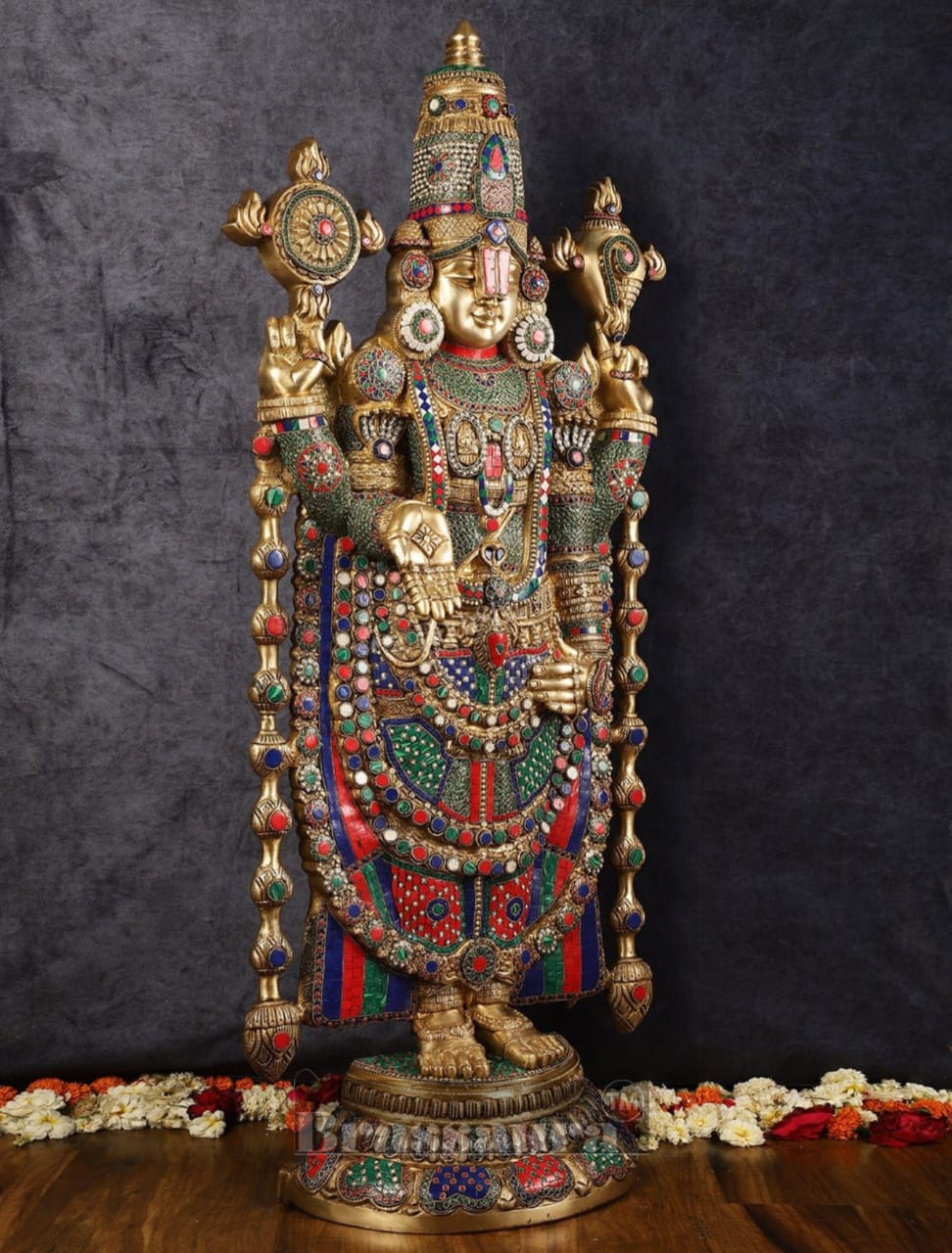 Brassaura™ Majestic Brass Lord Venkateshwara Idol with Stonework – 48 Inches, 49 Kgs