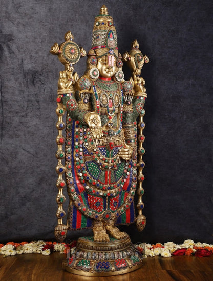 Brassaura™ Majestic Brass Lord Venkateshwara Idol with Stonework – 48 Inches, 49 Kgs
