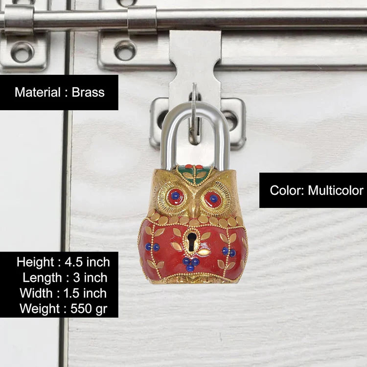 Brassaura® Owl Shape Brass Door Lock with Meenakari Work | Height 4.5 Inches