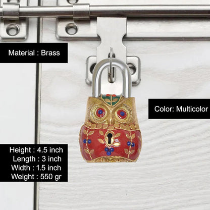 Brassaura® Owl Shape Brass Door Lock with Meenakari Work | Height 4.5 Inches
