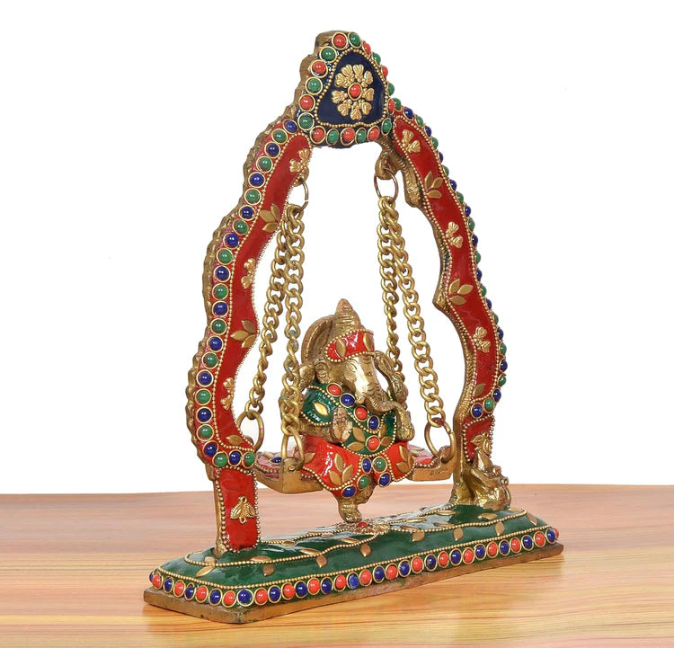 Brassaura® Brass Ganesha Swinging Jhula Statue | Height 9 Inches