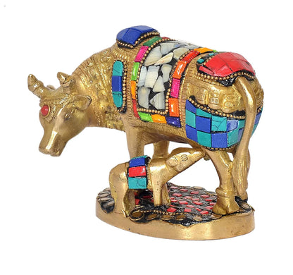 Brassaura® Brass Kamdhenu Cow with Calf Statue | Height 4 Inches | Multicolor Sacred Cow Idol for Home & Mandir