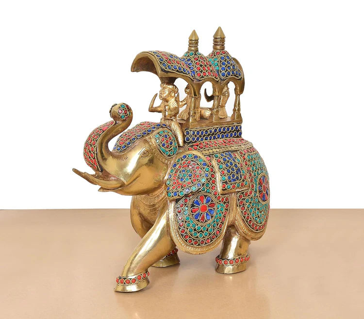 Brassaura® Multicolor Elephant Ambari Brass Statue | Royal Elephant Showpiece with Stone Work | Height 13 Inches