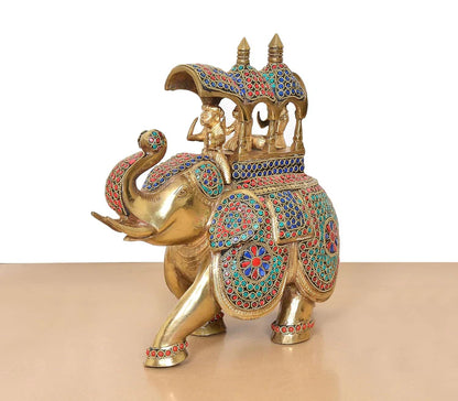 Brassaura® Multicolor Elephant Ambari Brass Statue | Royal Elephant Showpiece with Stone Work | Height 13 Inches