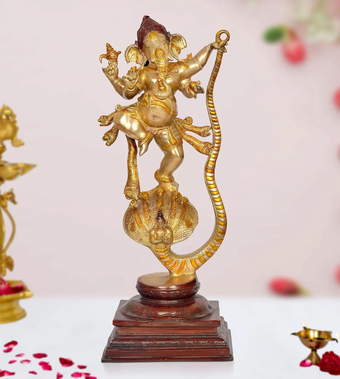 Brassaura® Brass Ganesha Dancing on Sheshnag Statue | Height 26 Inches | Multicolor Ganpati Idol for Home & Mandir