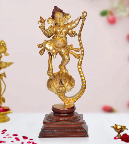 Brassaura® Brass Ganesha Dancing on Sheshnag Statue | Height 26 Inches | Multicolor Ganpati Idol for Home & Mandir