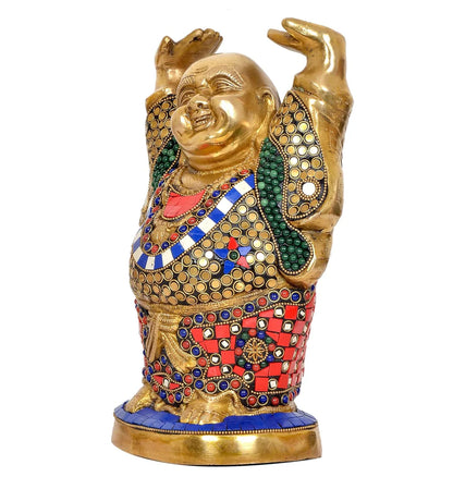 Brassaura® Brass Laughing Buddha Statue | Height 11 Inches | Multicolor Standing Buddha Idol for Home & Office