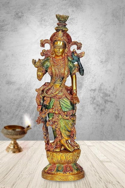 Brassaura® Brass Radha Krishna Statue Pair | 13.5 Inch Multicolor Idols | Handcrafted Brass Murti Set for Home & Temple