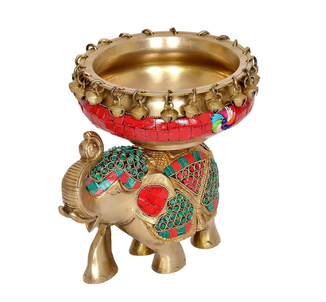 Brassaura® Brass Elephant with Urli & Ghungroo Work | Decorative Brass Showpiece | Height 7.5 Inches