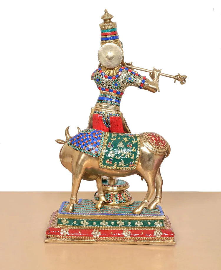 Brassaura® Krishna Cow Brass Statue with Meenakari Stonework | Height 25 Inches