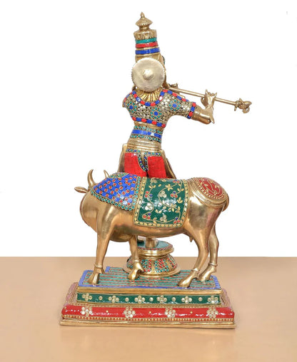 Brassaura® Krishna Cow Brass Statue with Meenakari Stonework | Height 25 Inches