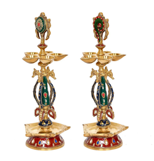 Brassaura® Pair of Brass Shankh Chakra Oil Lamps with Multicolor Artistic Finish | Pure Superfine Brass Handcrafted Murti | Brass Statue for Home Temple, Pooja Room | Height 14.5 Inches | Weight 5.2 Kgs