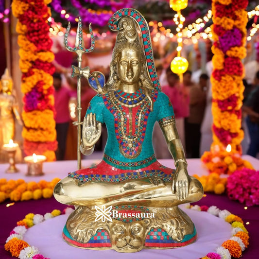 Brassaura™ Brass Gem Stone Work Lord Shiva Murti – Height 24 Inches & Weight 18.5 Kgs | Devotional Home Décor