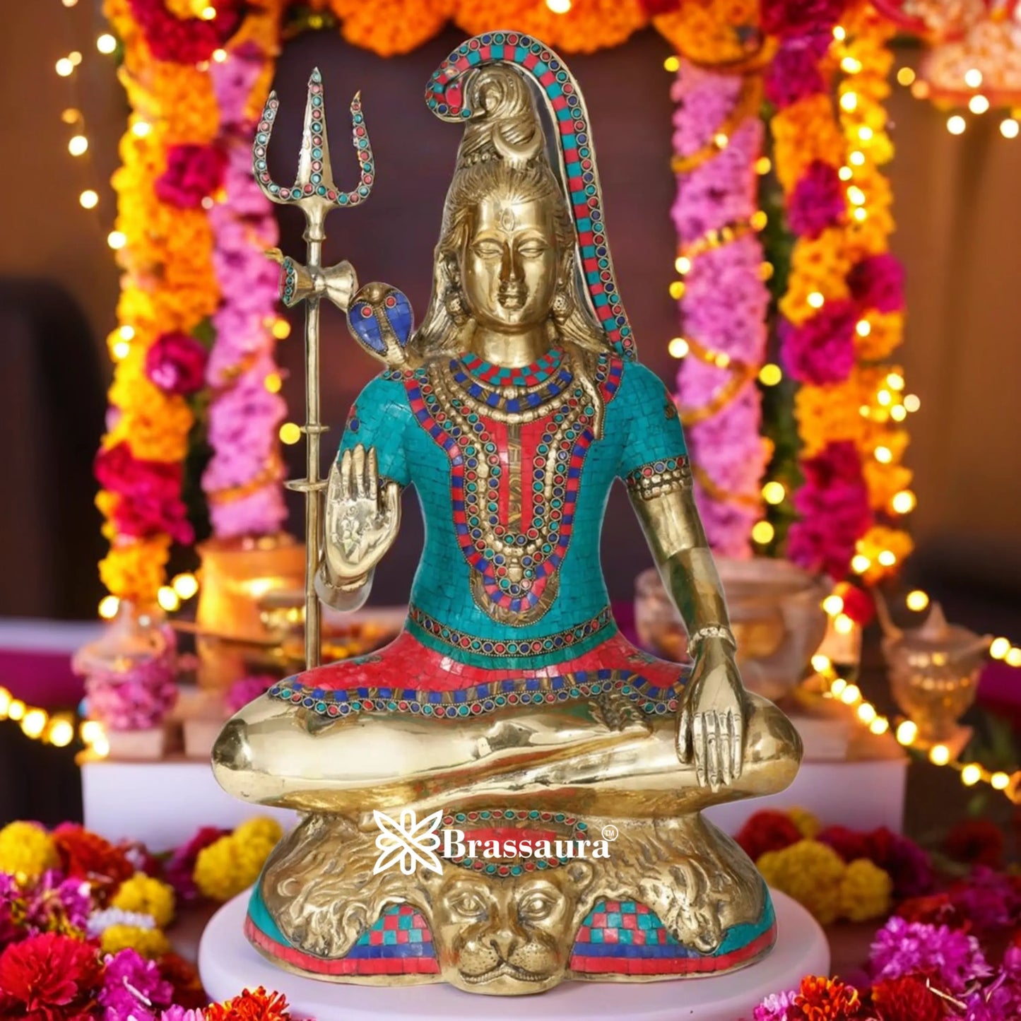 Brassaura™ Brass Gem Stone Work Lord Shiva Murti – Height 24 Inches & Weight 18.5 Kgs | Devotional Home Décor