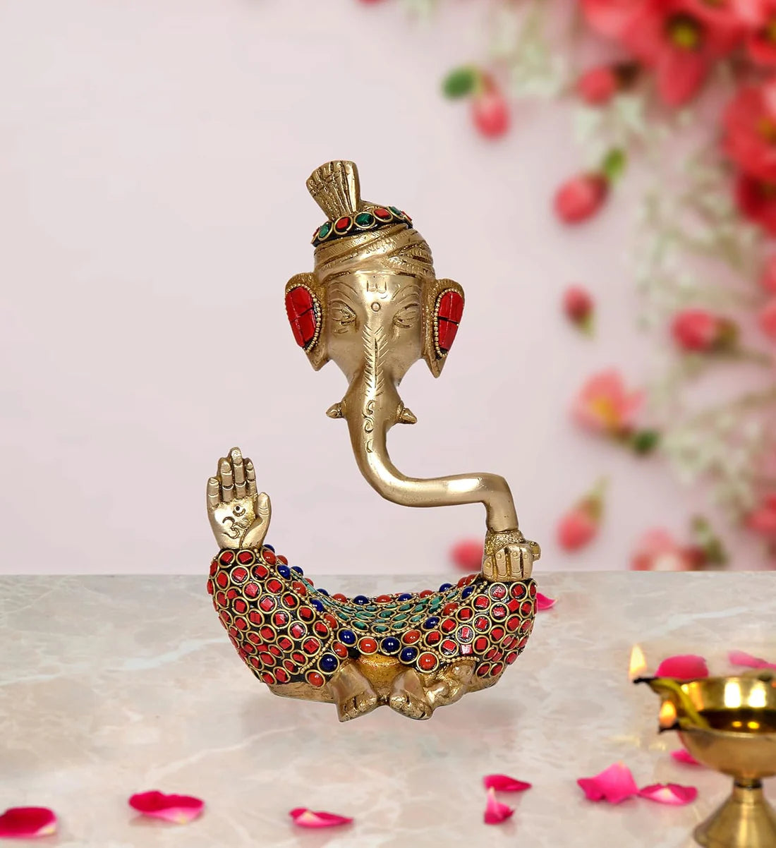 Brassaura® Modern Ganesha Safa Brass Idol with Stone Work | Decorative Spiritual Showpiece | Height 7 Inches