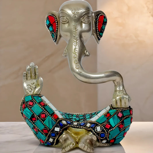Brassaura™ Brass Gem Stone Work Ganesha Murti – Height 7.48 inches & Weight 1.3 kgs | Traditional Ganpati Murti for Home & Pooja Room