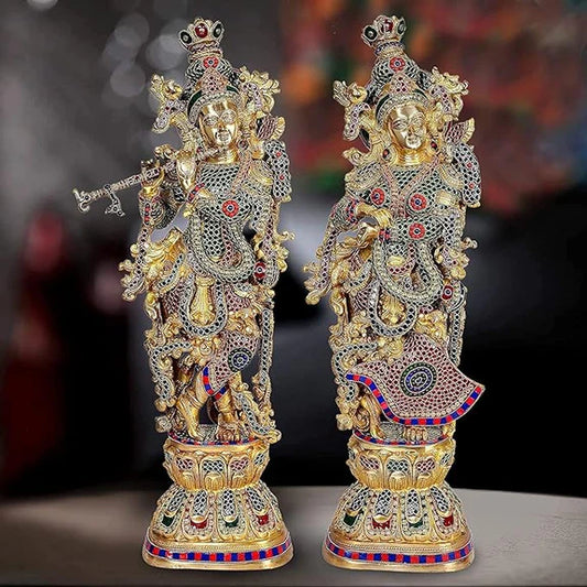 Brassaura® Brass Radha Krishna Statue Pair | 30 Inch Multicolor Standing Idols