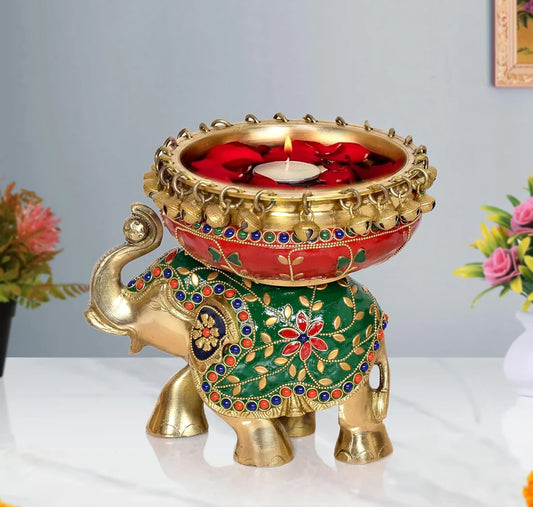 Brassaura® Brass Elephant with Urli Statue | Height 7.5 Inches
